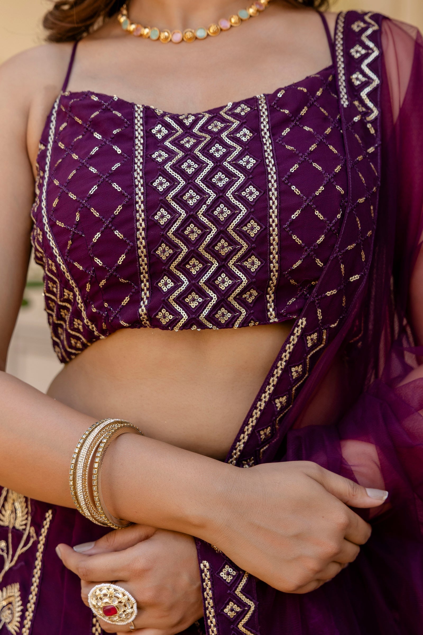 Purple Embroidered Georgette Lehenga Set with Sequins Work