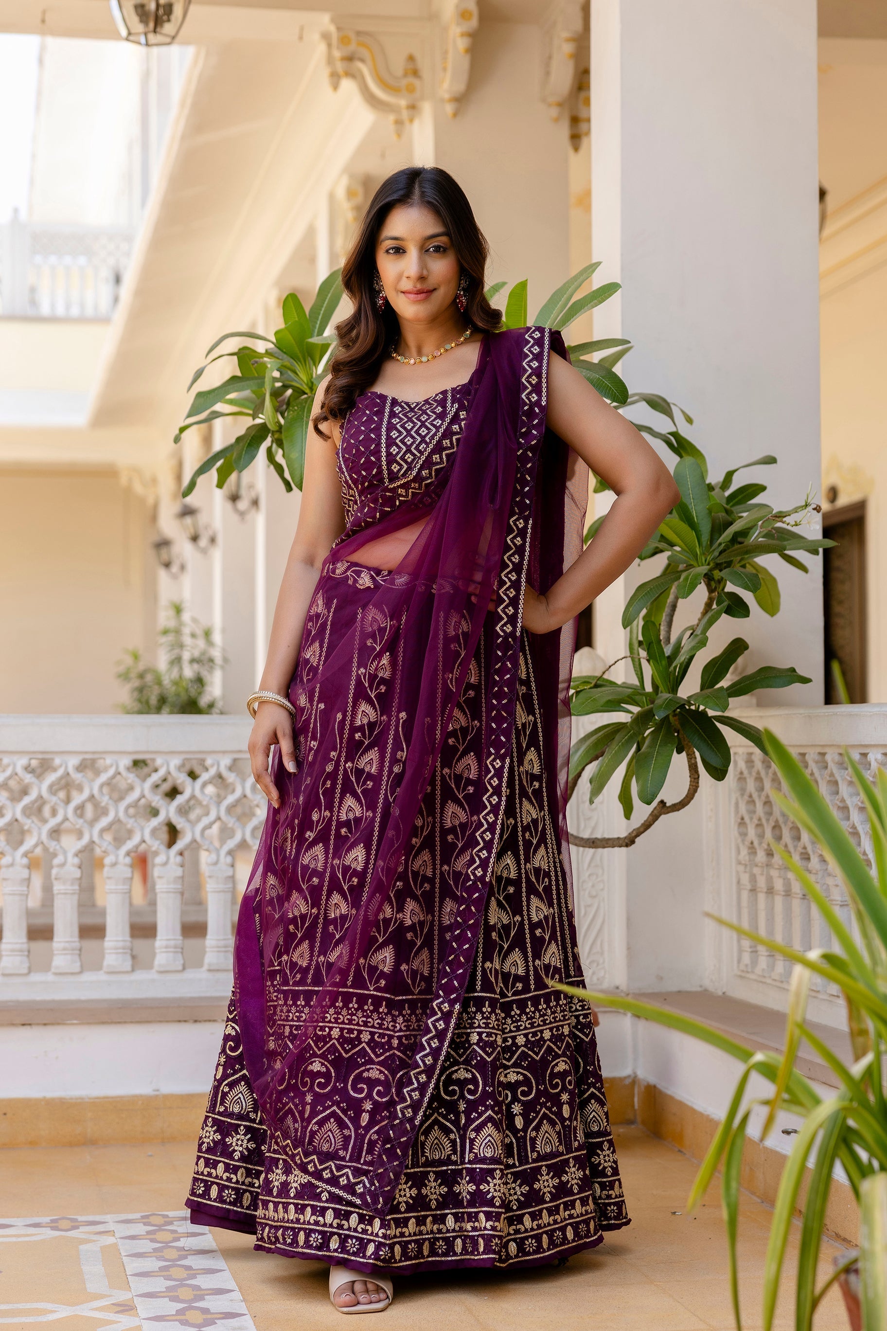 Purple Embroidered Georgette Lehenga Set with Sequins Work