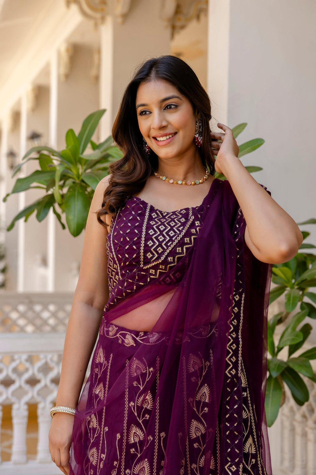 Purple Embroidered Georgette Lehenga Set with Sequins Work