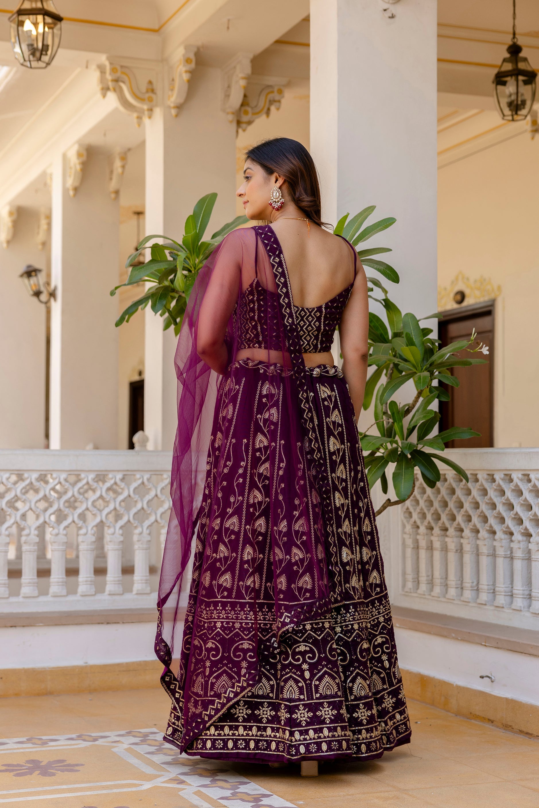 Purple Embroidered Georgette Lehenga Set with Sequins Work