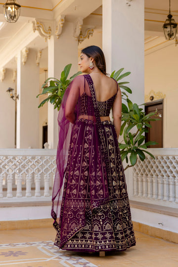 Purple Embroidered Georgette Lehenga Set with Sequins Work