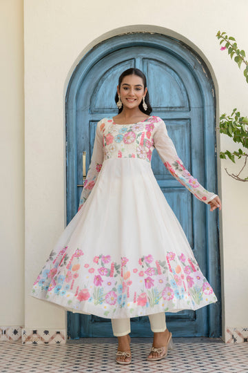 White Color Floral Printed Organza Suit