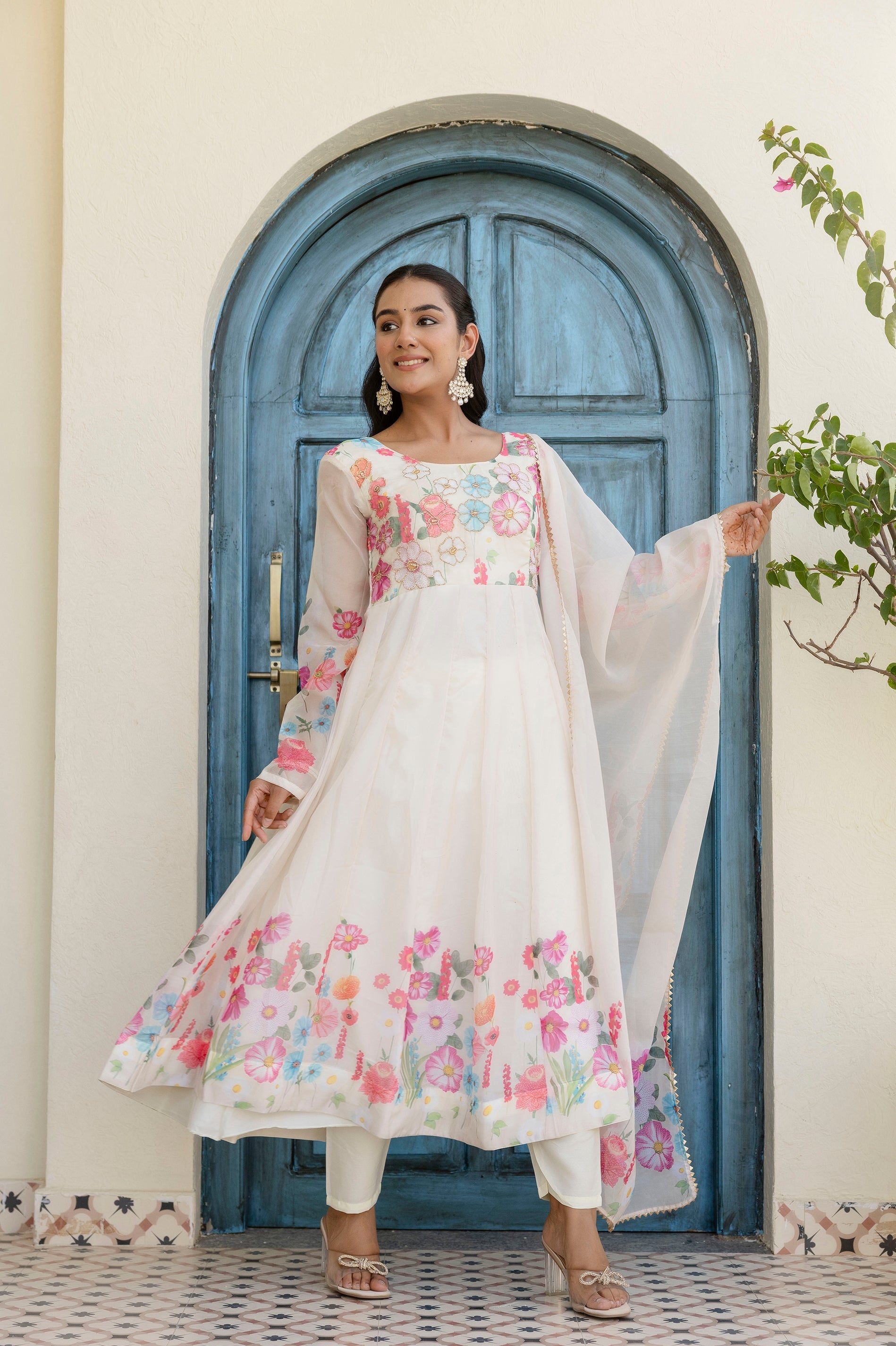 White Color Floral Printed Organza Suit