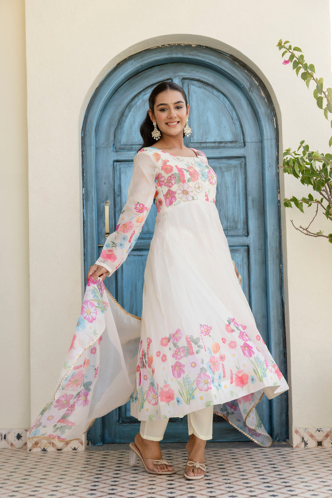 White Color Floral Printed Organza Suit