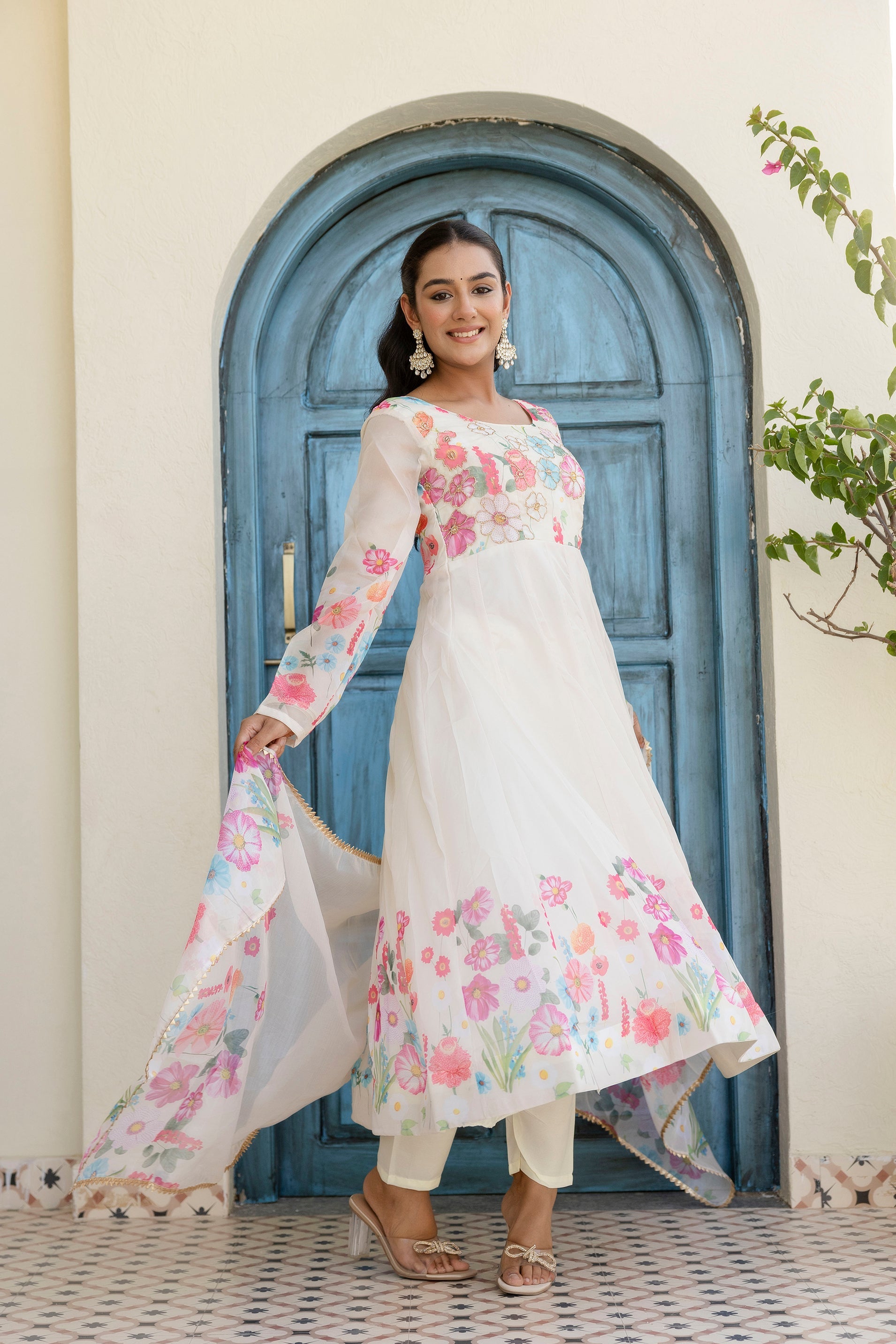 White Color Floral Printed Organza Suit