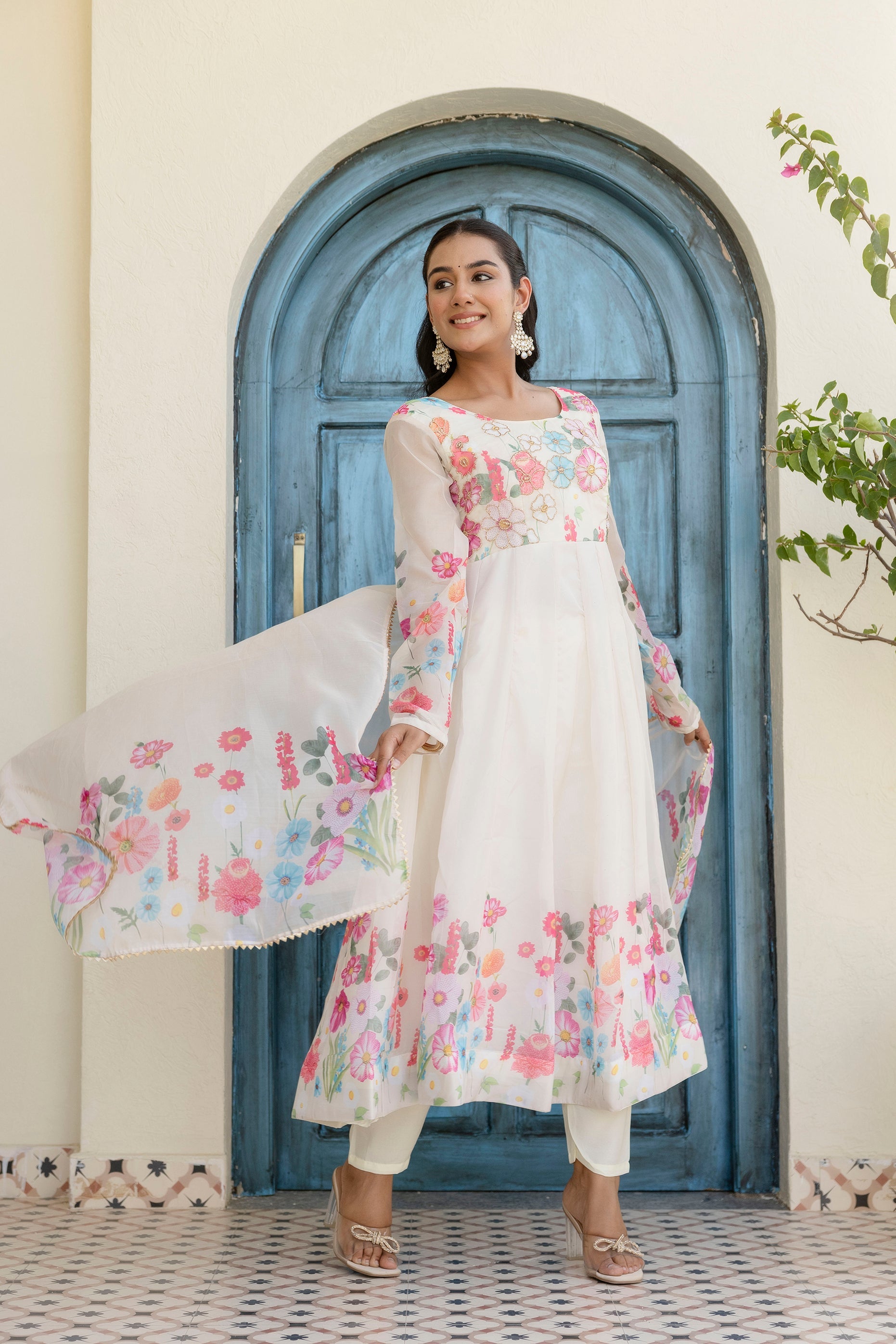 White Color Floral Printed Organza Suit