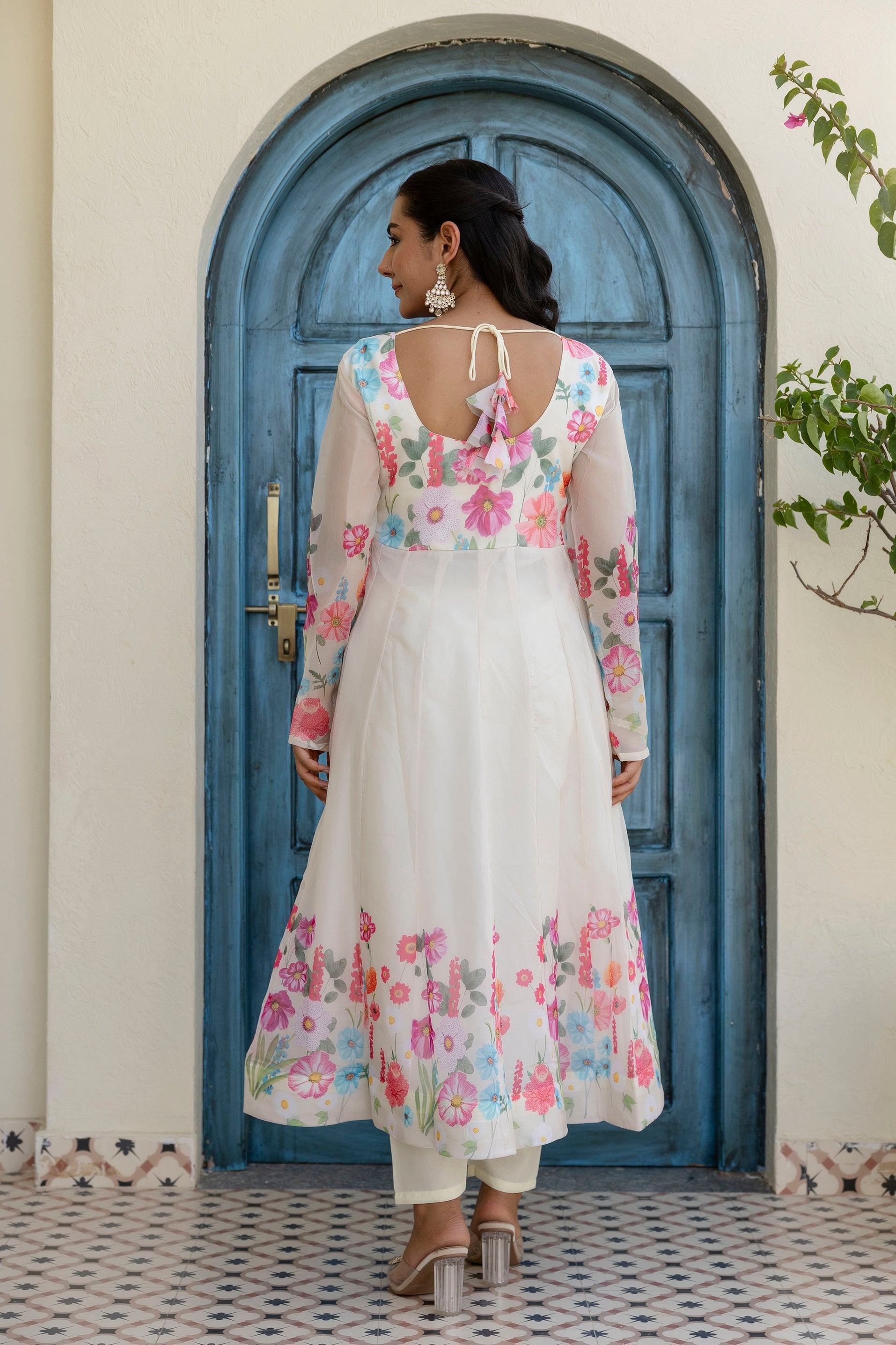 White Color Floral Printed Organza Suit