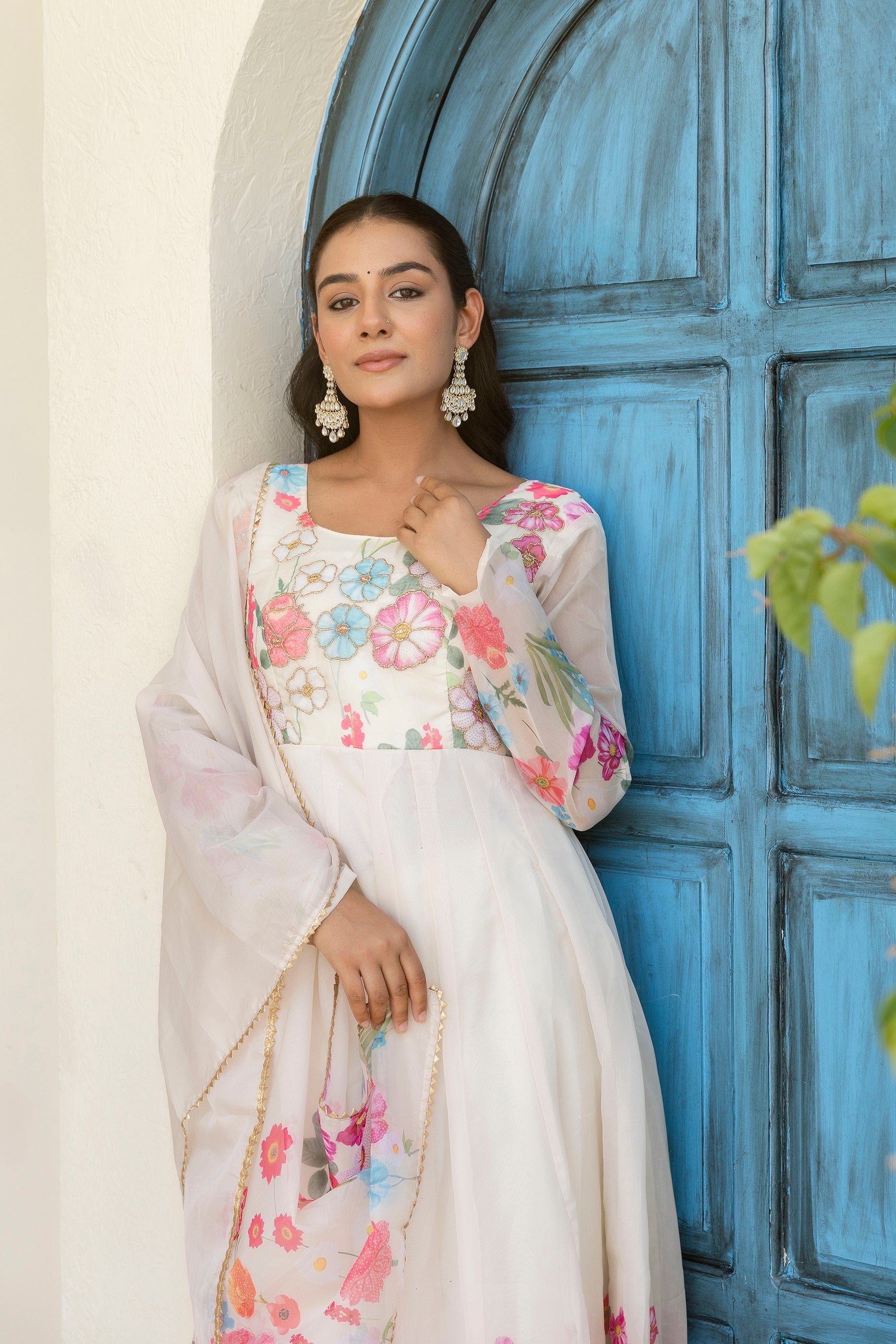 White Color Floral Printed Organza Suit