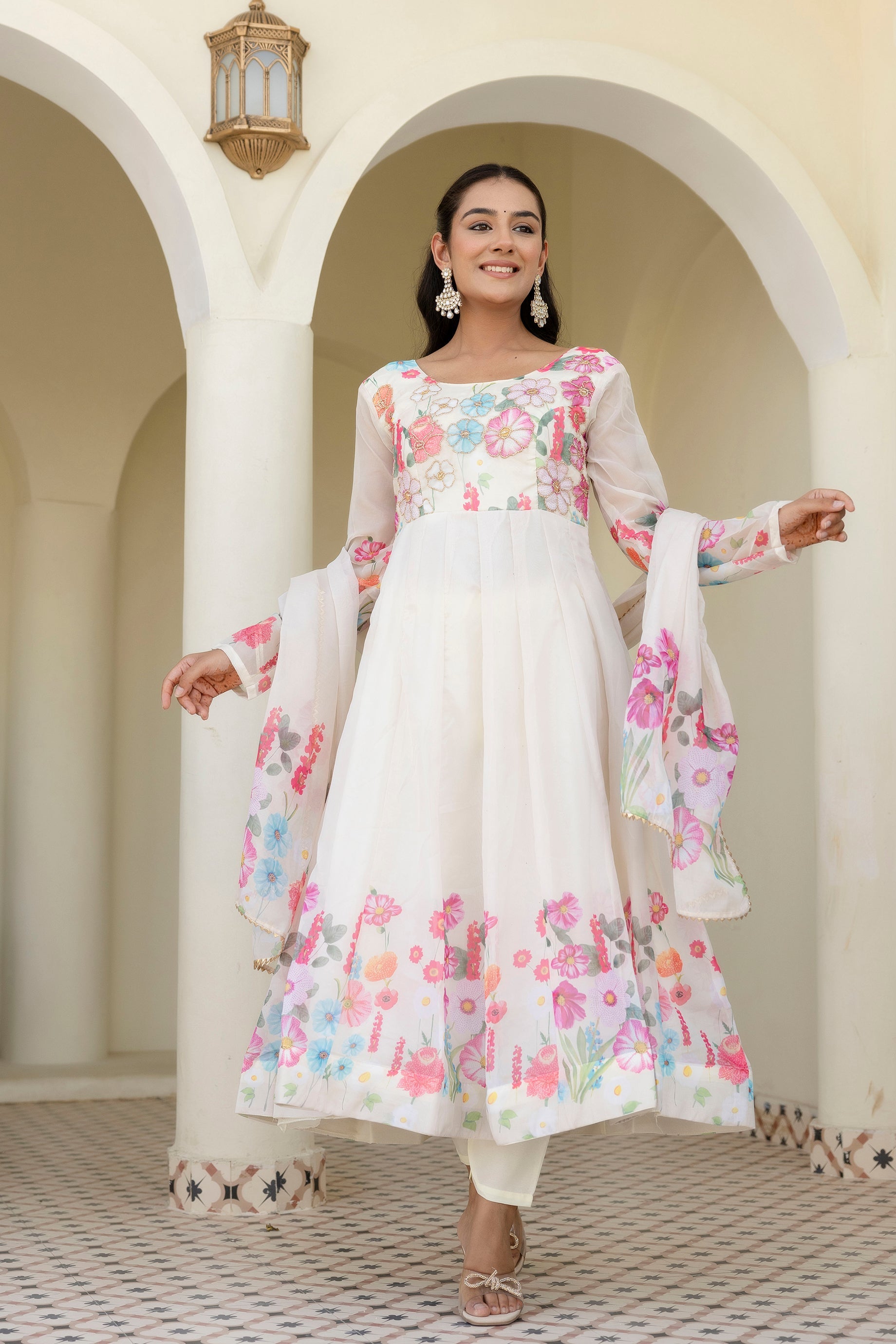 White Color Floral Printed Organza Suit