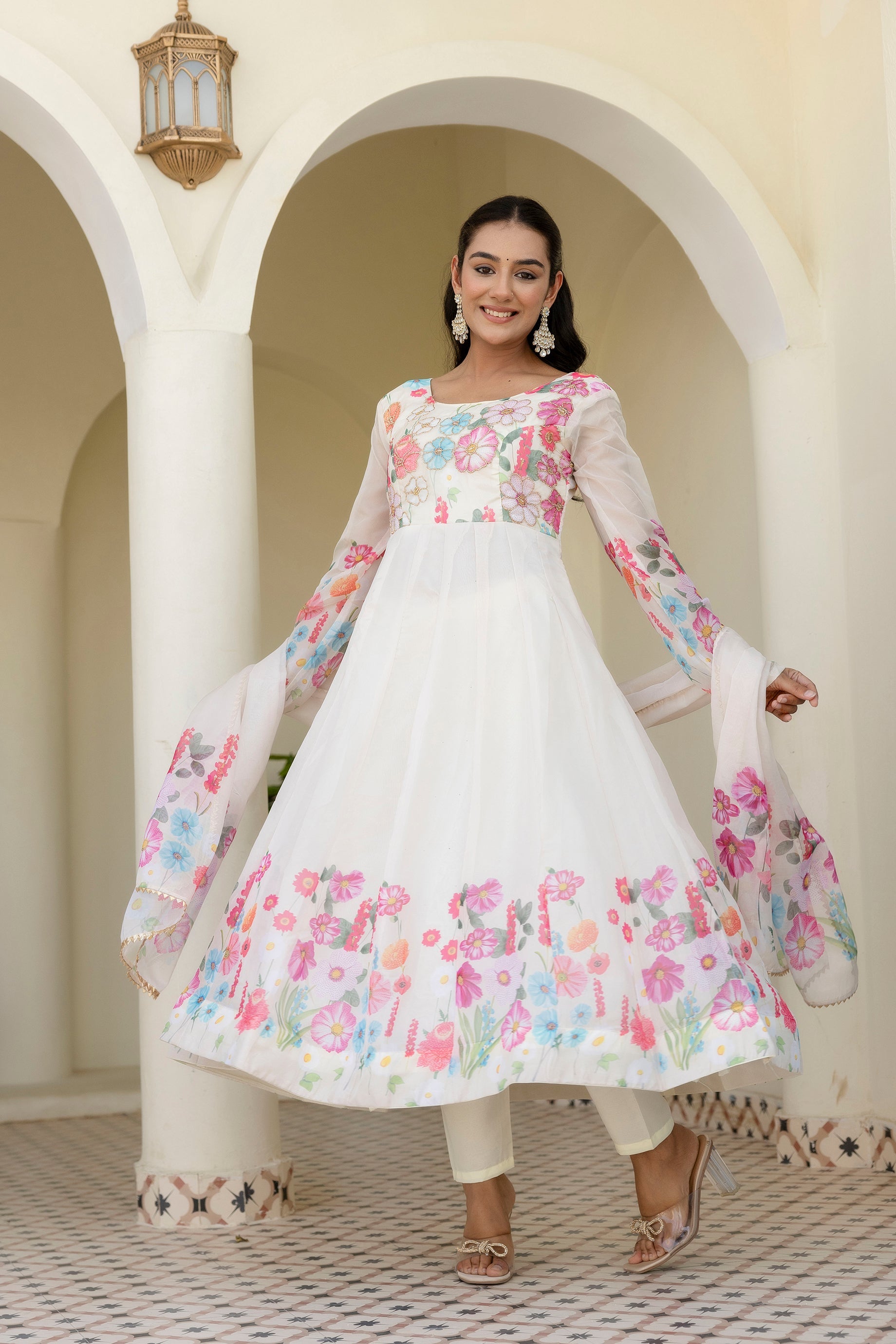 White Color Floral Printed Organza Suit