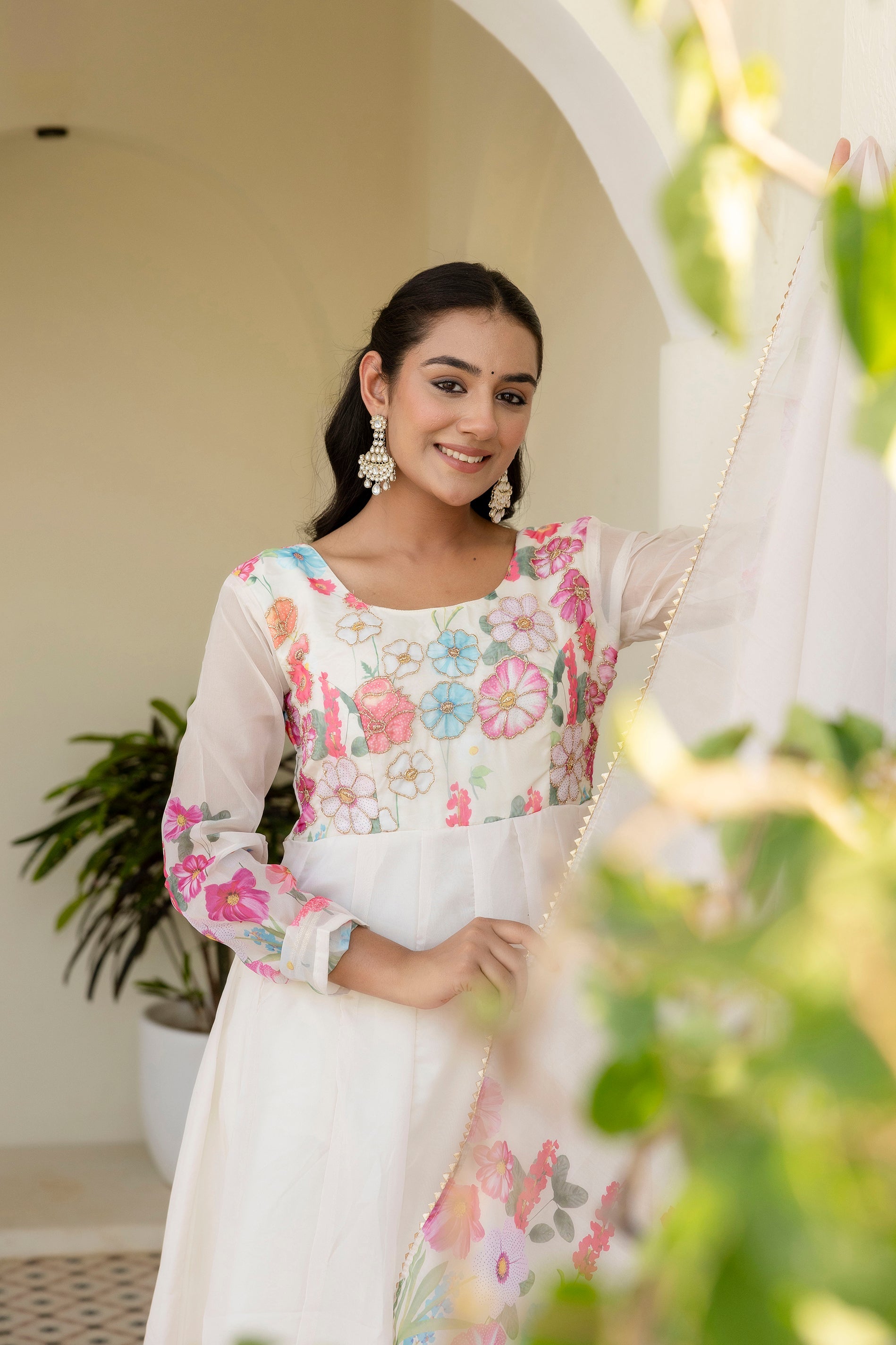 White Color Floral Printed Organza Suit