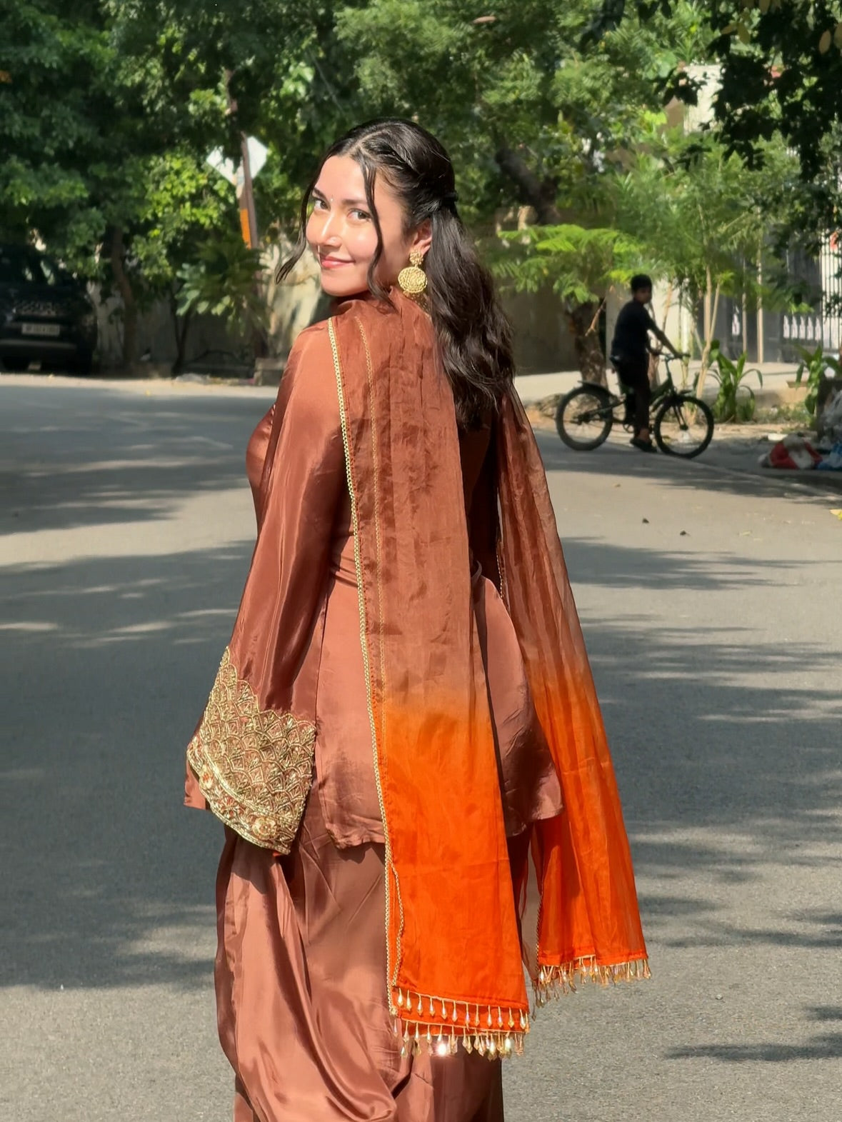 Royal Rust Embroidered Silk Kurta Set with Orange Dupatta