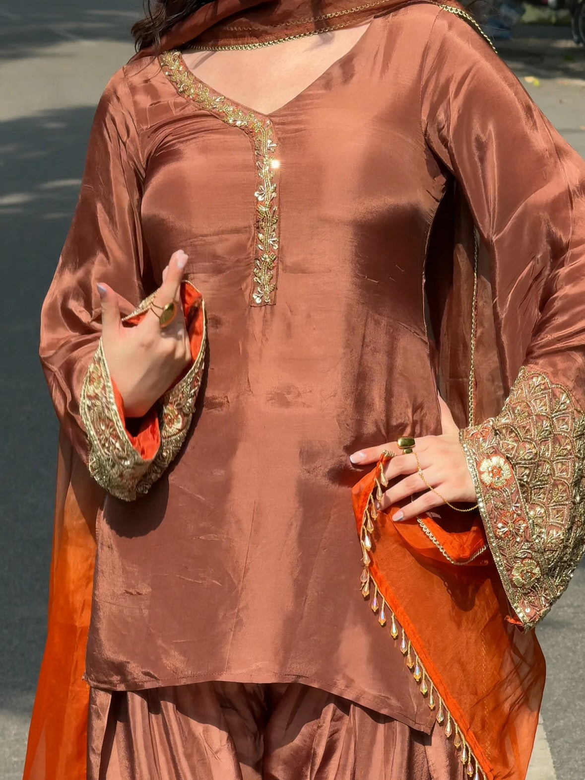 Royal Rust Embroidered Silk Kurta Set with Orange Dupatta