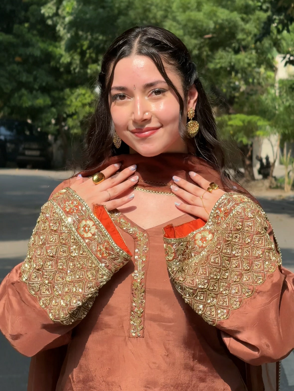 Royal Rust Embroidered Silk Kurta Set with Orange Dupatta