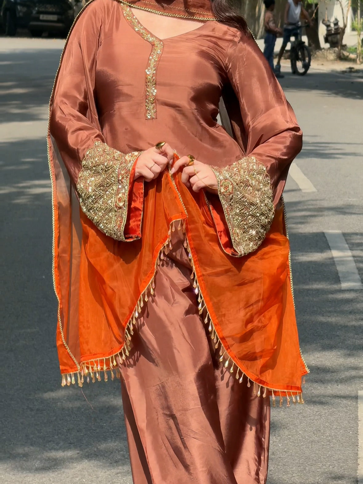 Royal Rust Embroidered Silk Kurta Set with Orange Dupatta