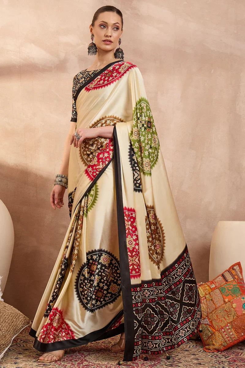 Ivory Cream Modal Silk Saree with Patola-Inspired Multicolor Print & Black Designer Pallu