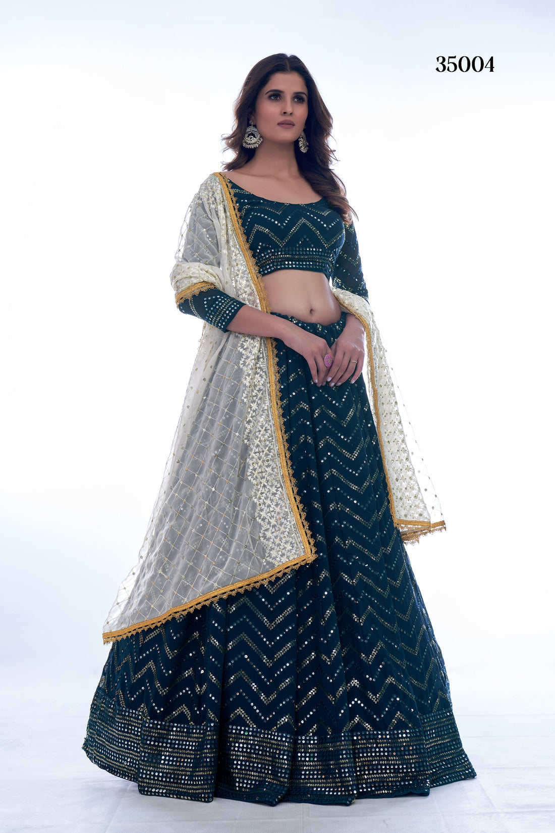 Navy Embellished Semi-Stitched Lehenga Choli Set