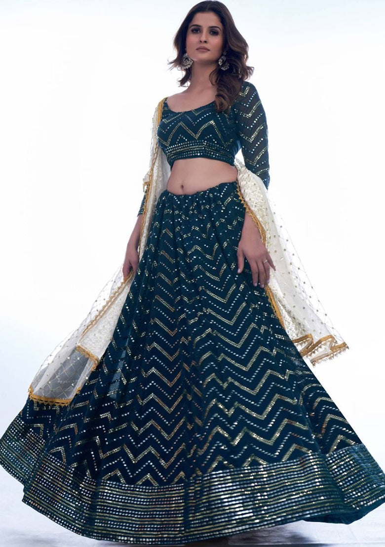 Navy Embellished Semi-Stitched Lehenga Choli Set