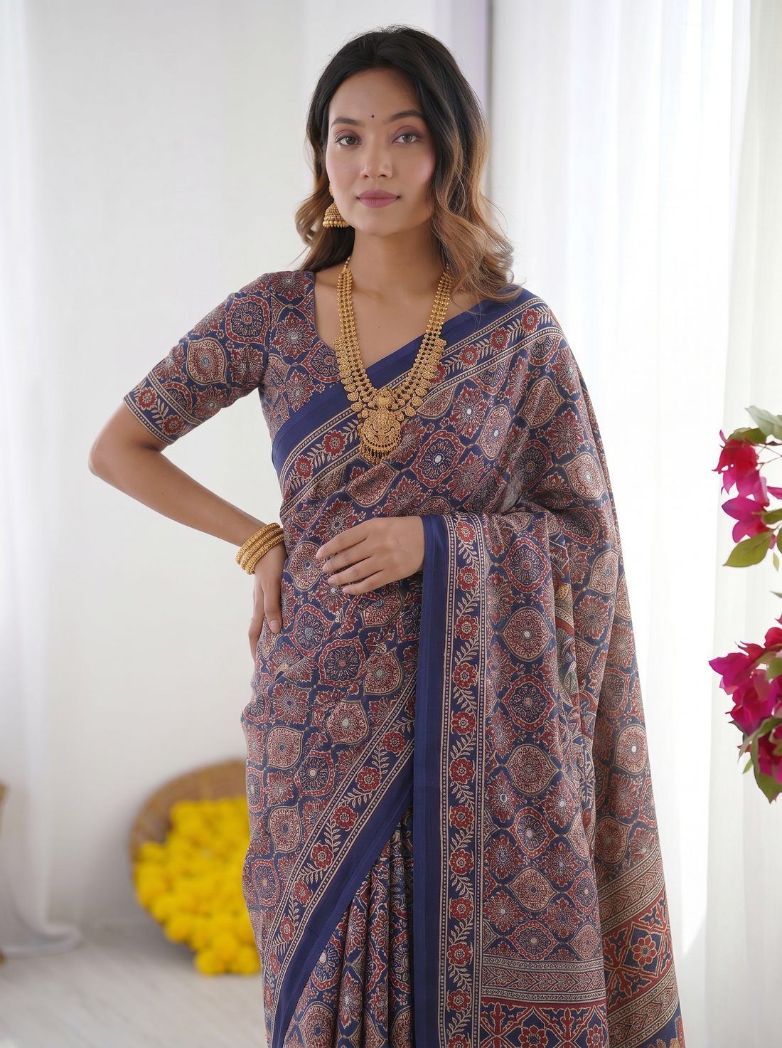 Royal Blue Modal Silk Saree with Intricate Ajrakh-Inspired Geometric Prints, Peacock Artistic Pallu & Traditional Border