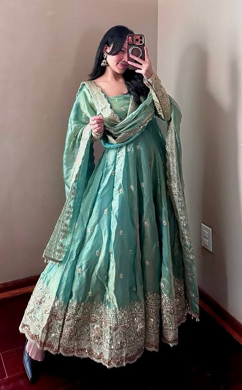 Sea Green Fendy Silk Embroidered Sequins Work Suit Set