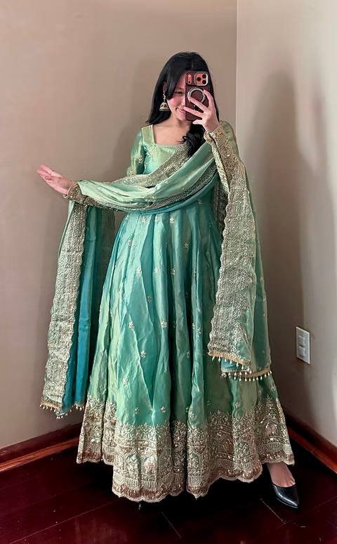 Sea Green Fendy Silk Embroidered Sequins Work Suit Set
