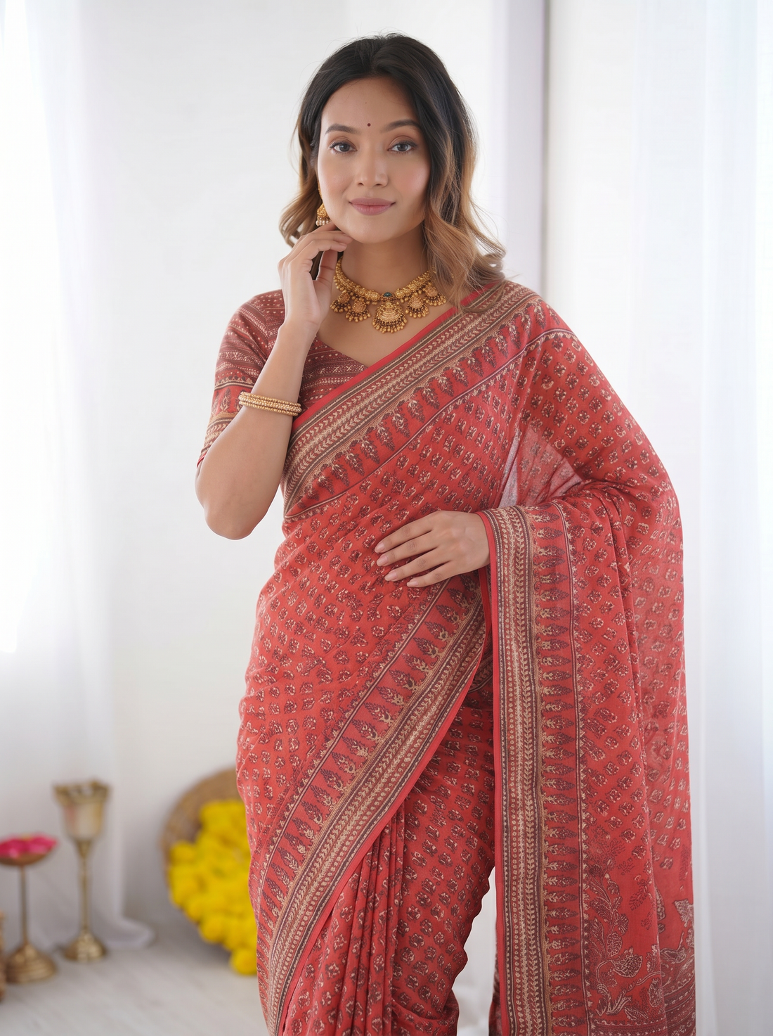 Coral Red Modal Silk Saree with Traditional Floral Butti Prints, Heritage Border