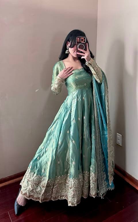Sea Green Fendy Silk Embroidered Sequins Work Suit Set