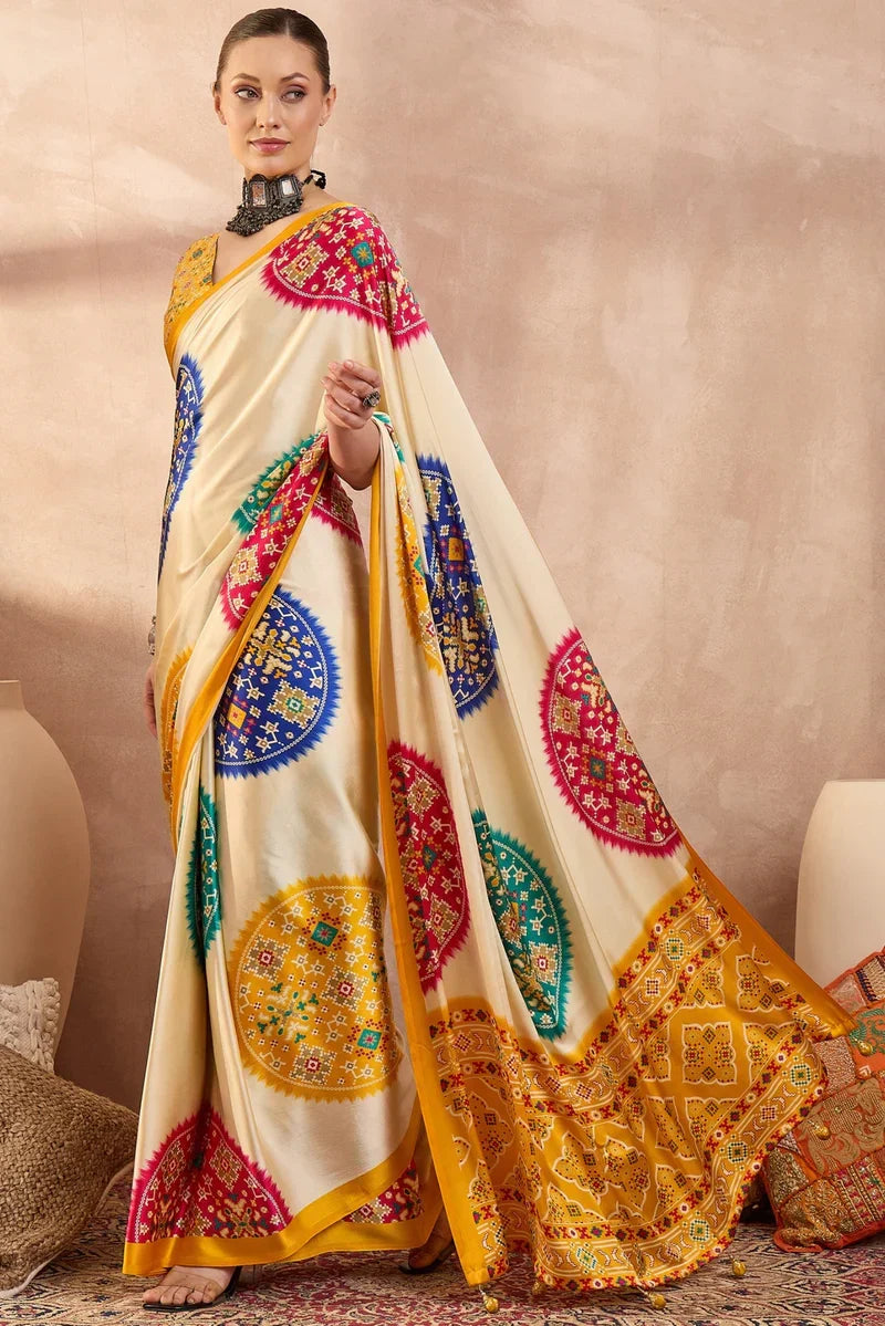 Ivory Cream Modal Silk Saree with Patola-Inspired Multicolor Print & Mustard