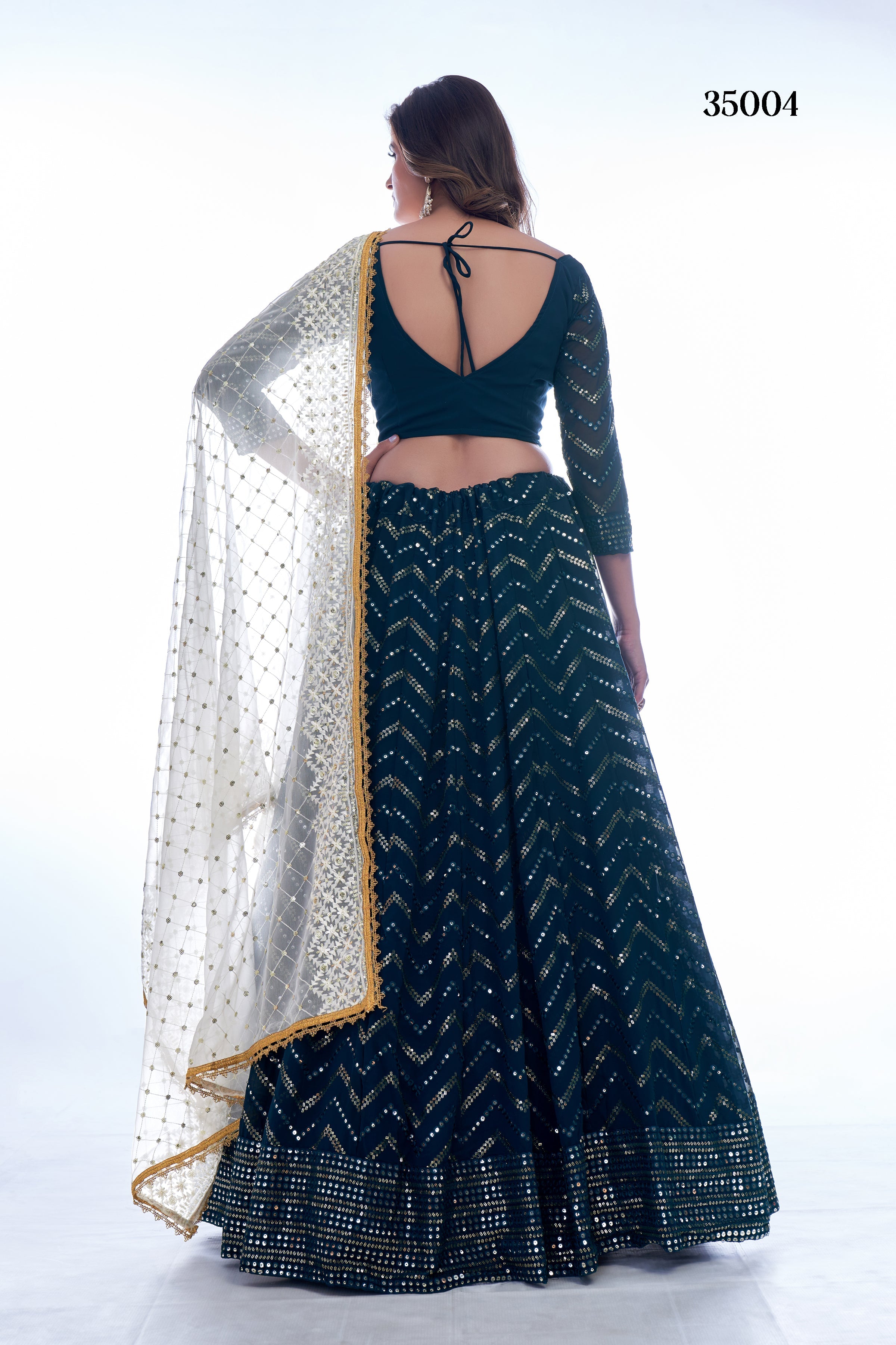 Navy Embellished Semi-Stitched Lehenga Choli Set