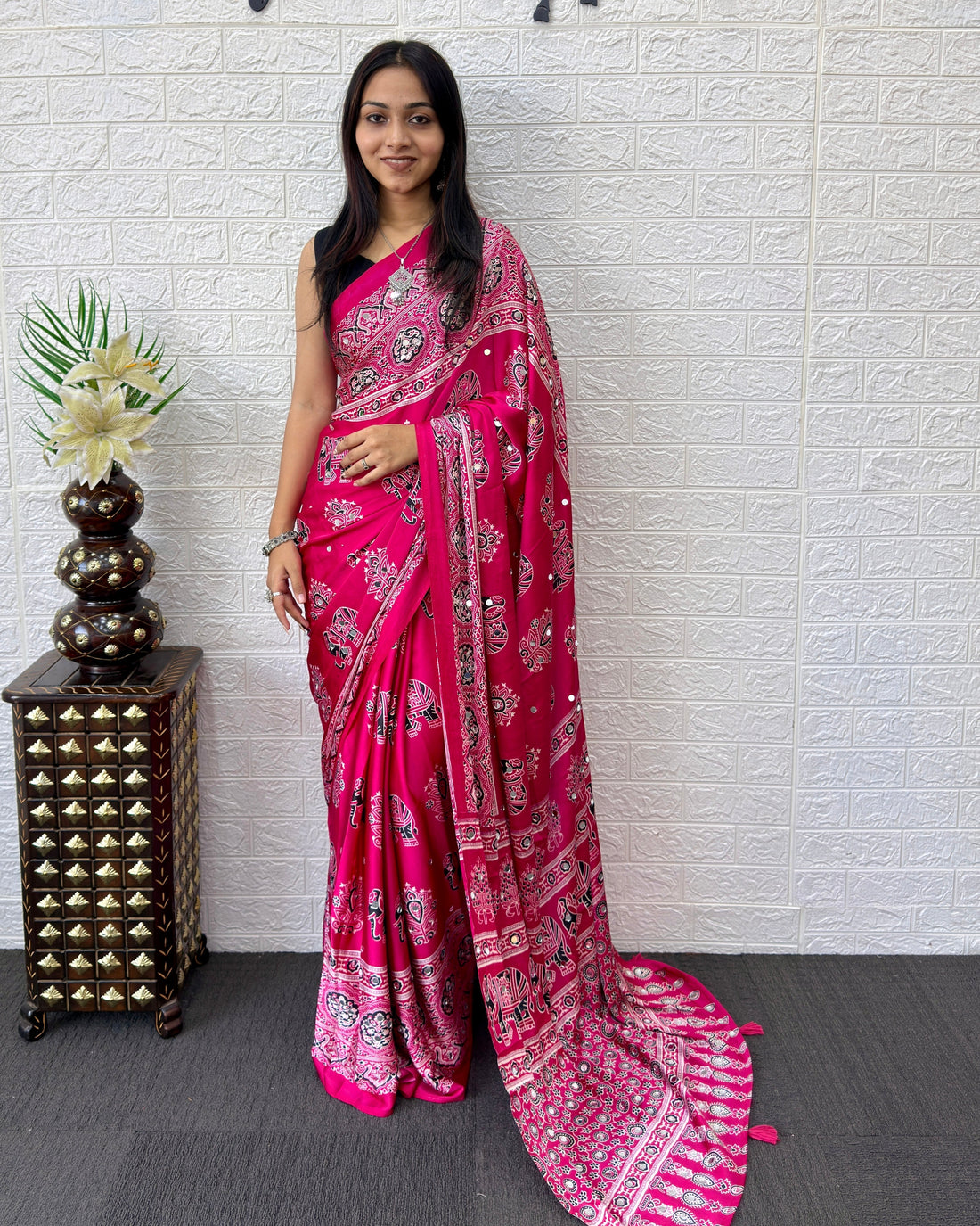 Rani Pink Modal Silk Saree with Elephant Motif Ajrakh Print