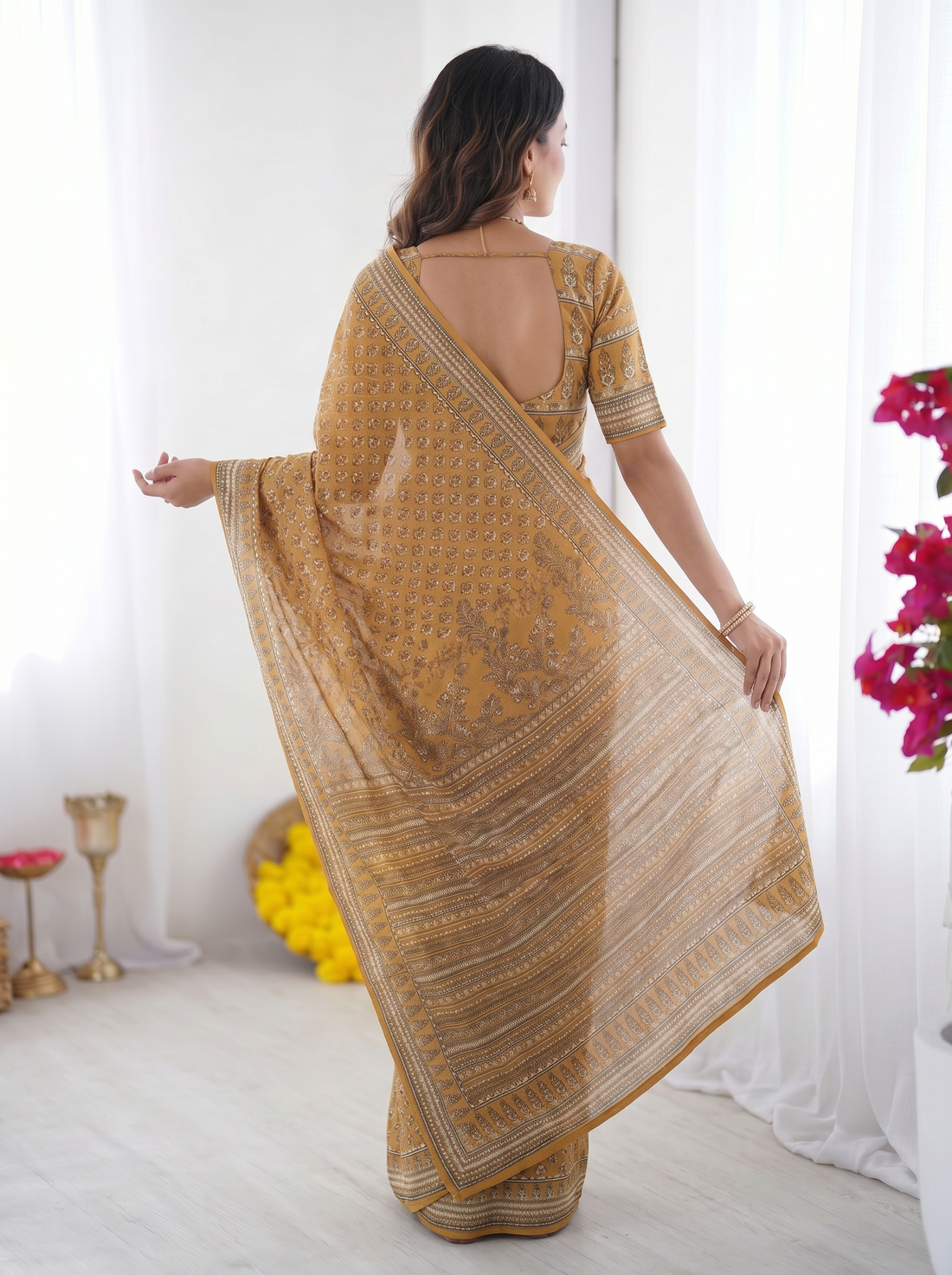 Mustard Yellow Modal Silk Saree with Traditional Floral Butti Prints