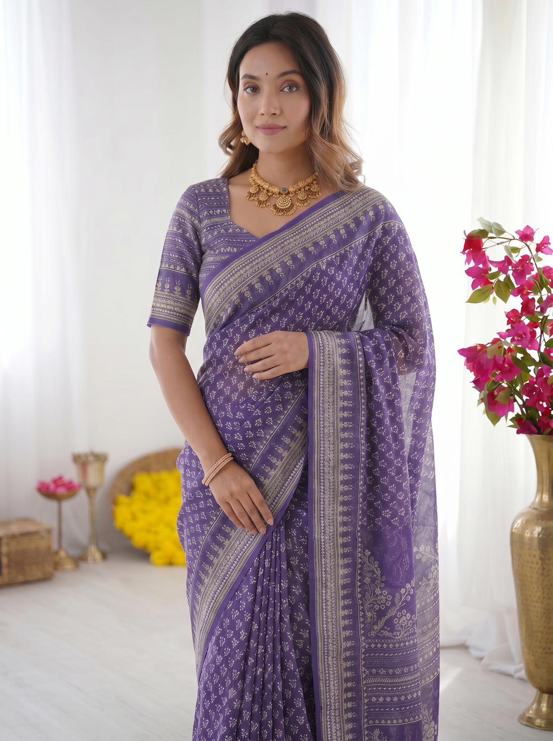 Royal Purple Modal Silk Saree with Delicate Floral Butti Prints