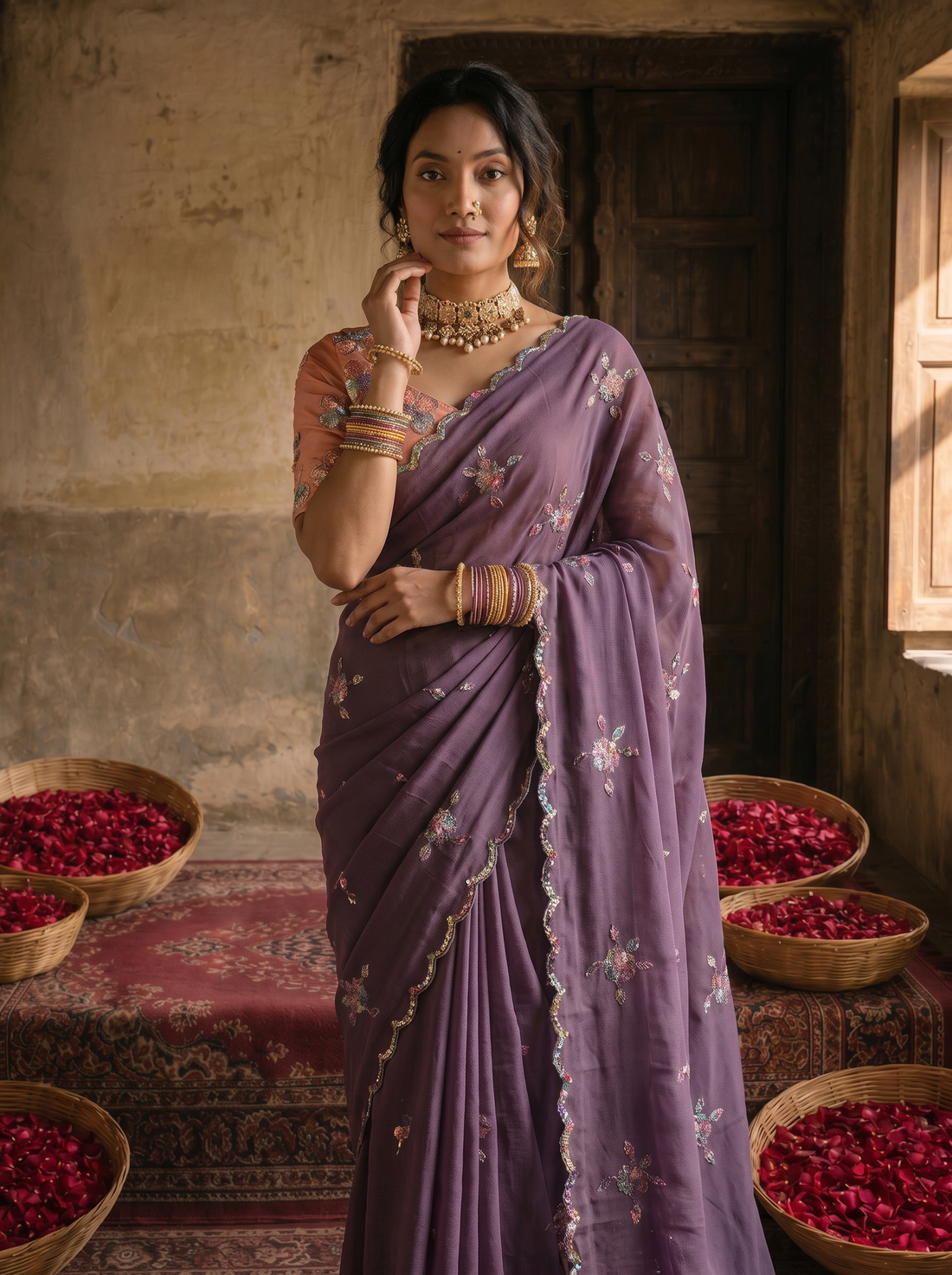 Dusty Lavender Georgette Embroidered Saree with Floral Sequin Work