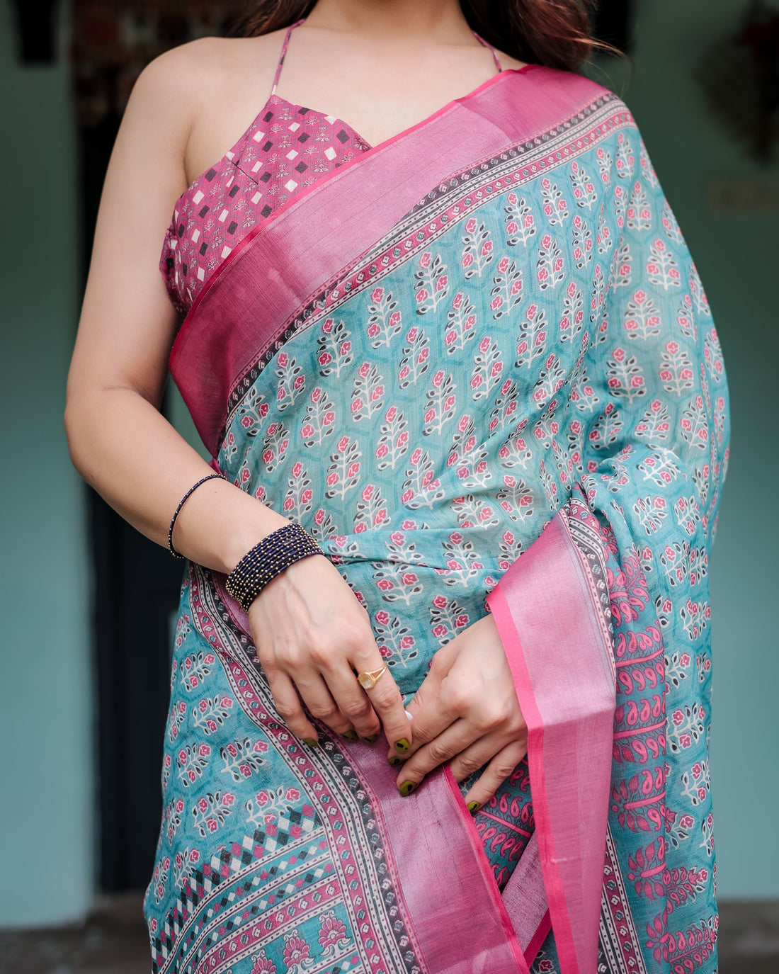 Aqua Blue Pure Cotton Linen Saree with Pink Border