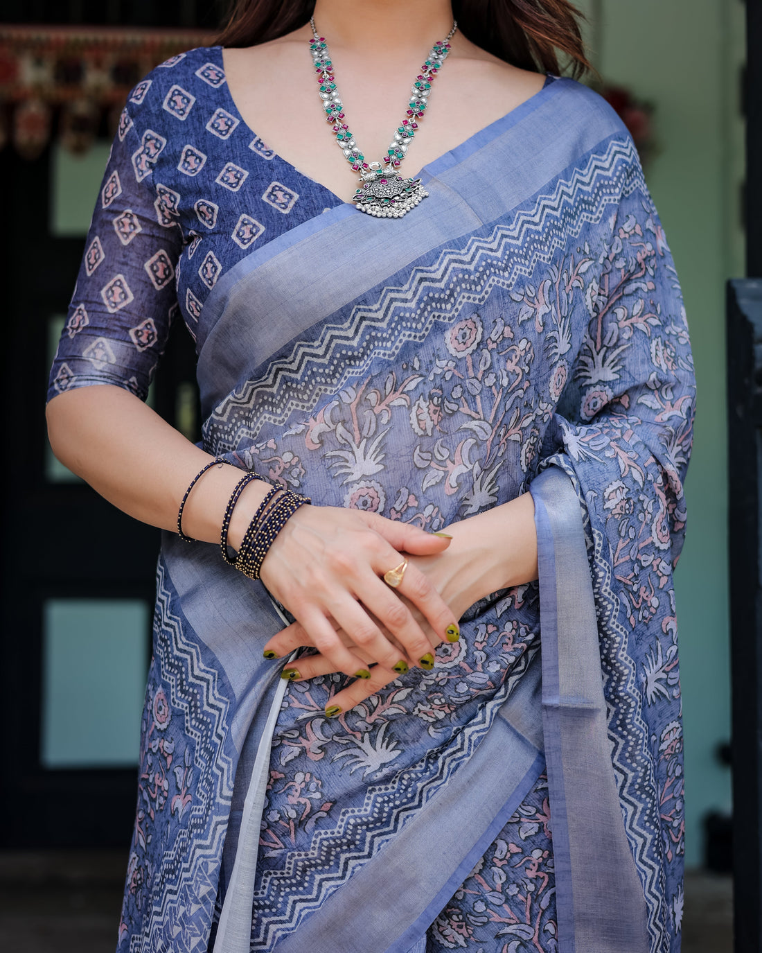Steel Blue Pure Cotton Linen Saree with Floral and Geometric Block