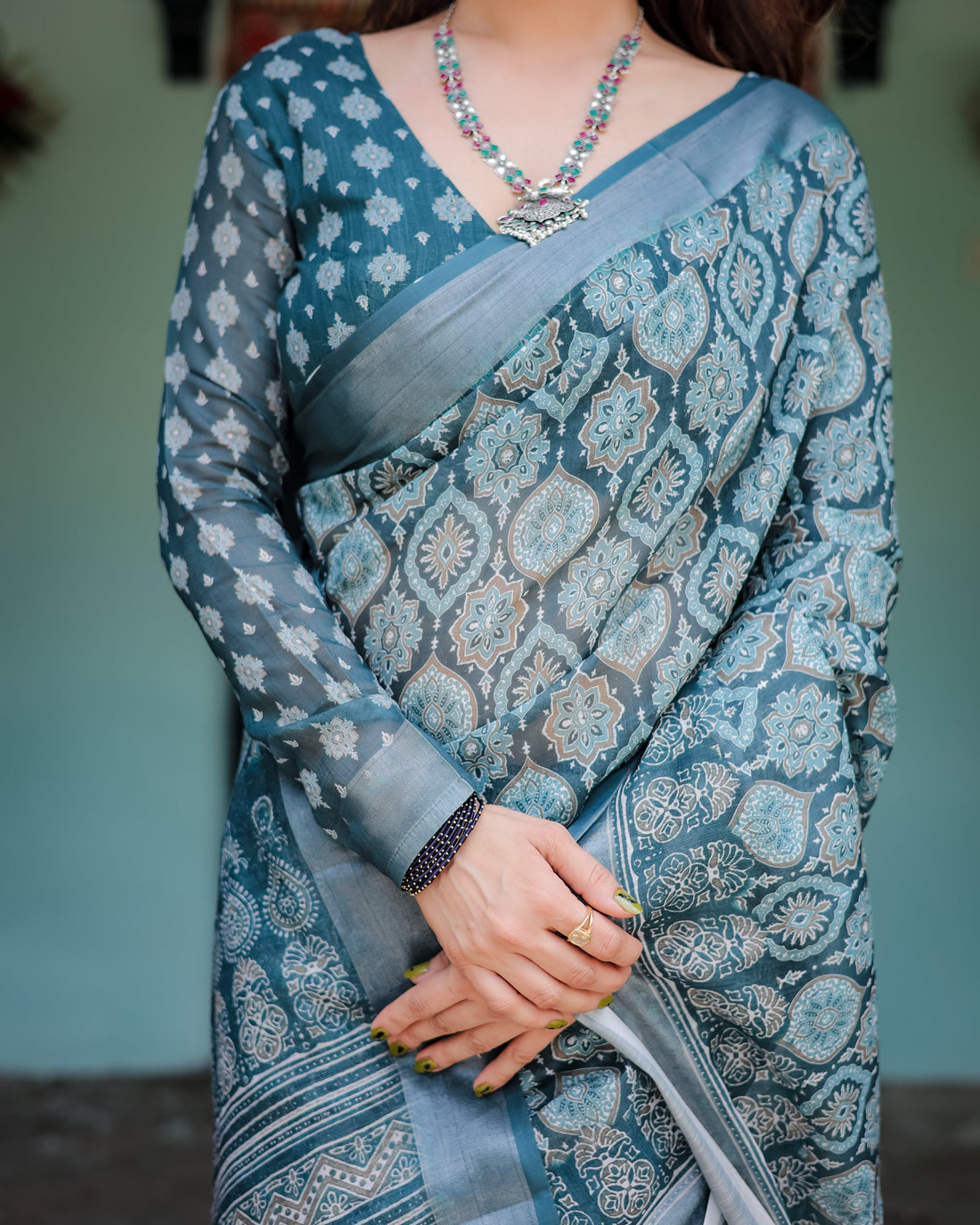 Teal Blue Pure Cotton Linen Saree with Geometric Block Print