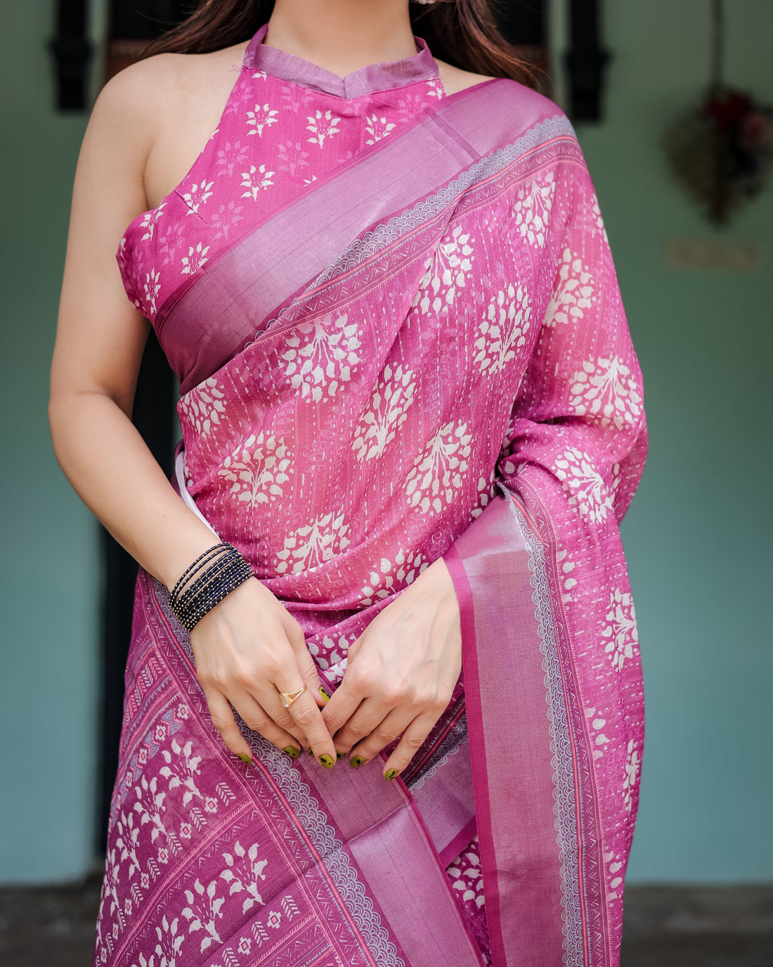 Magenta Pure Cotton Linen Saree with White Floral Block Print