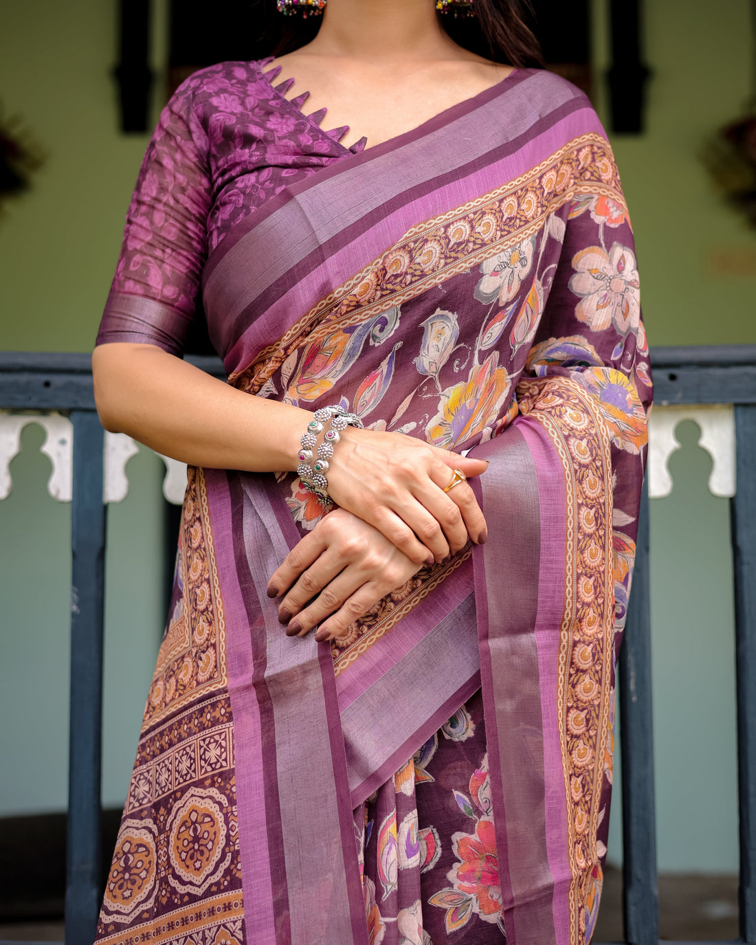 Purple Floral Printed Pure Cotton Linen Saree