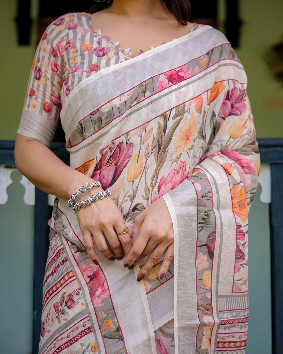 Elegant Floral Print Pure Cotton Linen Saree in Ivory with Multi-Color