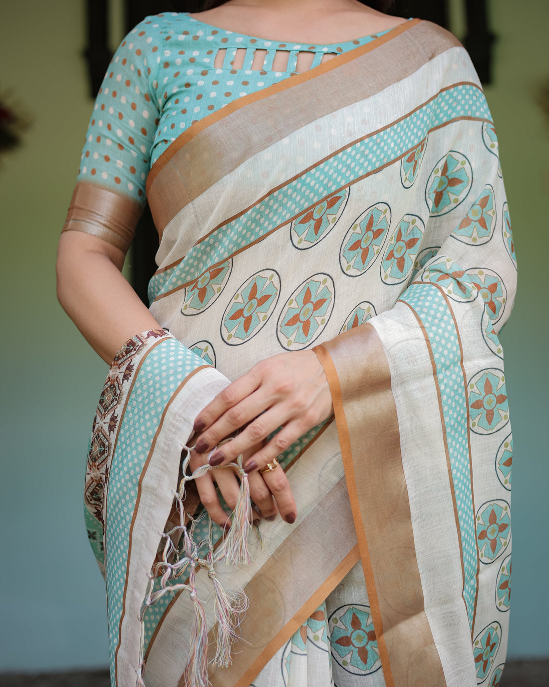 Beige With Aqua Pure Cotton Linen Saree with Geometric Floral Design