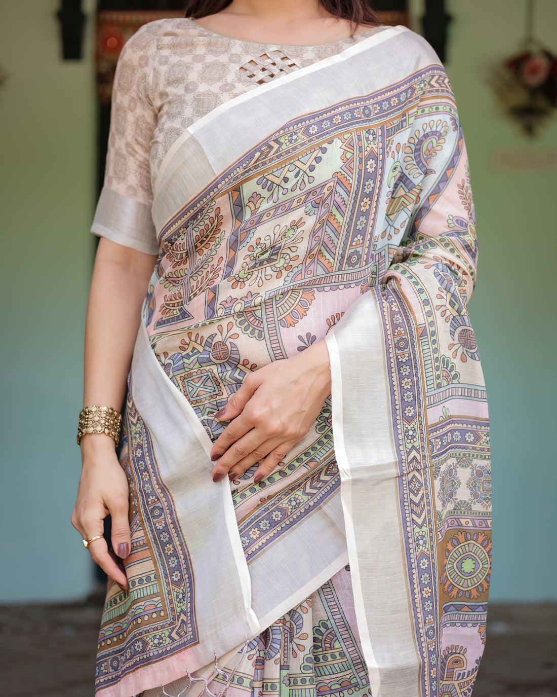 Cream and Pastel Multicolour Printed Pure Cotton Linen Saree