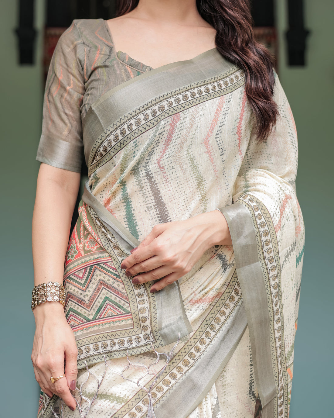 Cream and Olive Green Pure Cotton Linen Saree with Floral Print