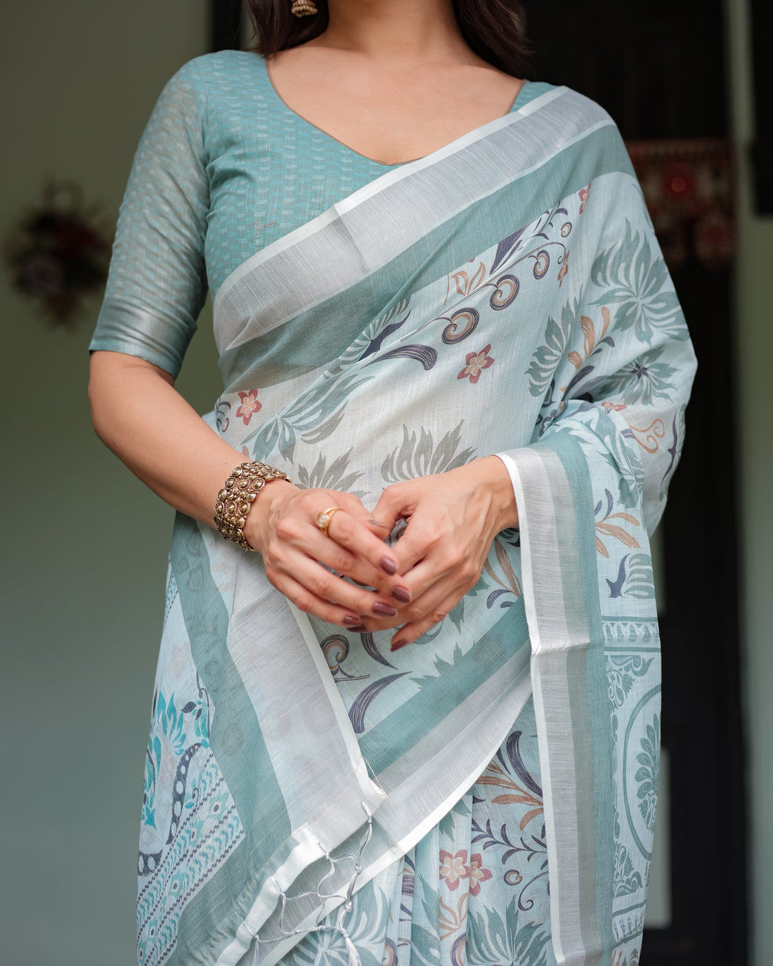 Mint Green Floral Pure Cotton Linen Saree