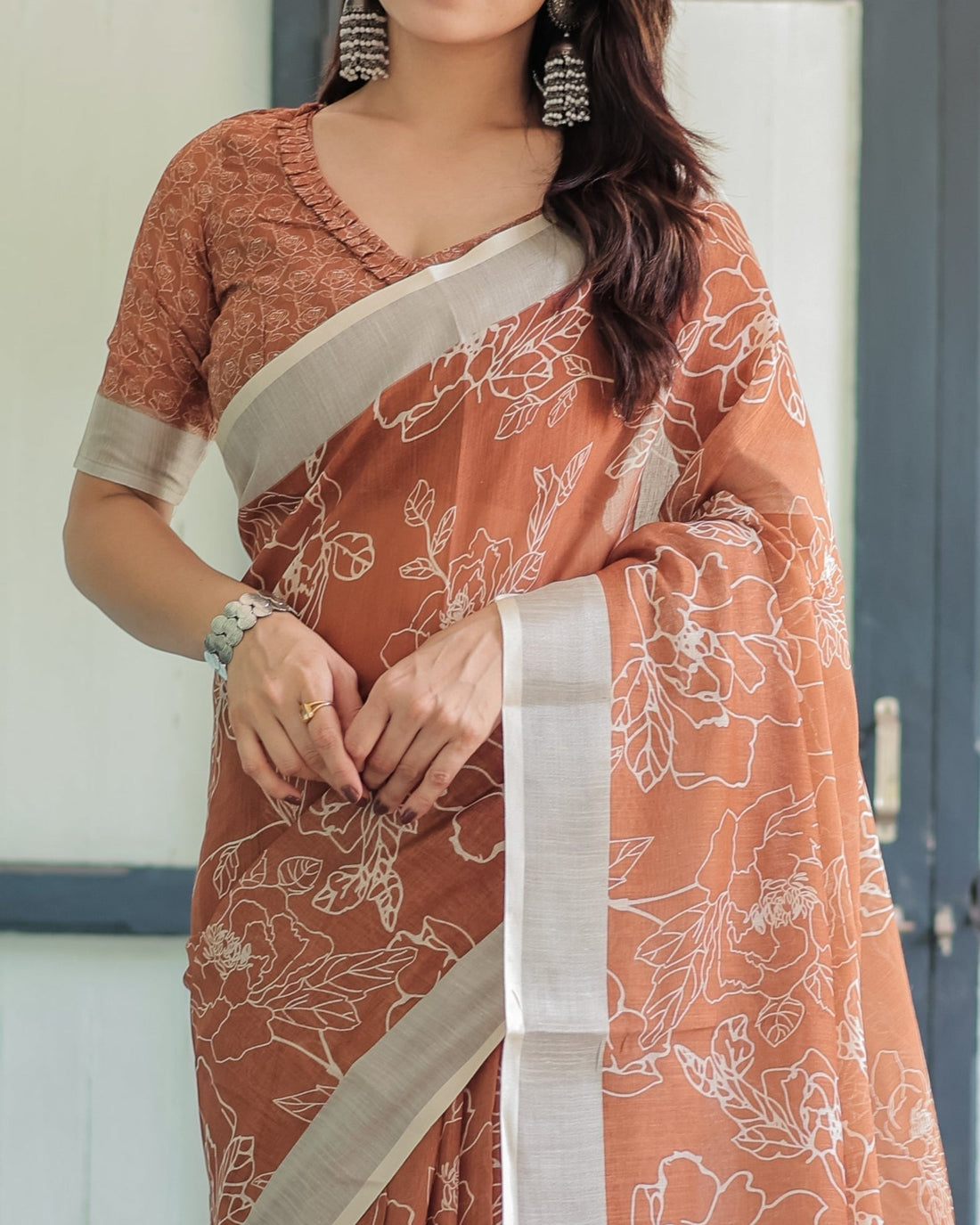 Terracotta Brown Floral Handprinted Pure Cotton Linen Saree