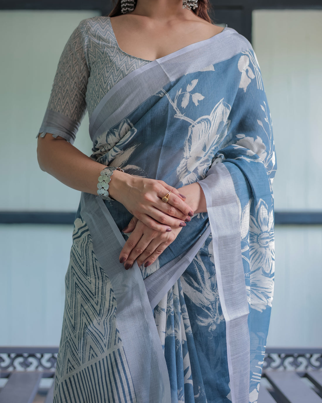 Pastel Blue Floral and Geometric Printed Cotton Linen Saree