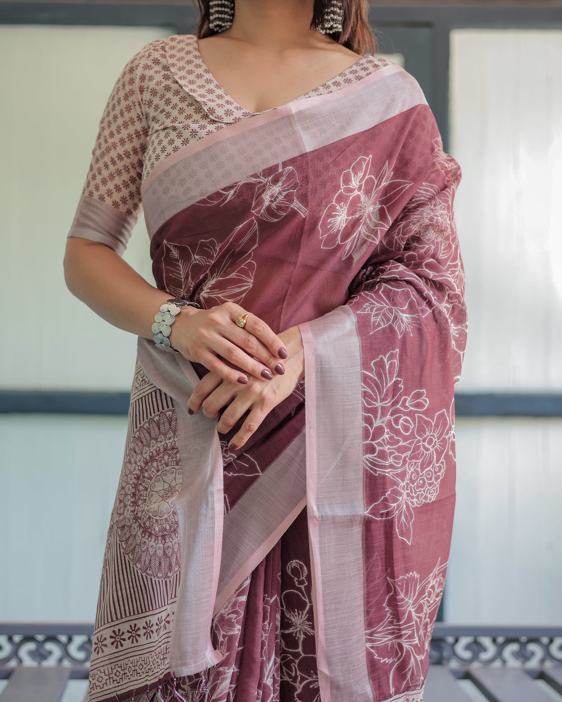 Maroon Floral Printed Pure Cotton Linen Saree