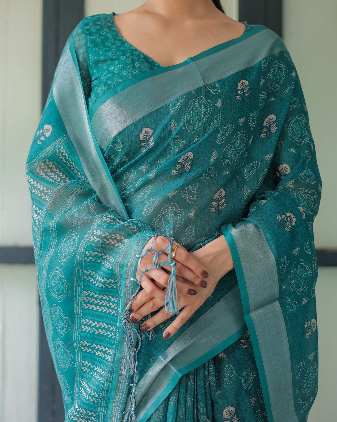 Teal Green Pure Cotton Linen Saree with Silver Floral Motifs