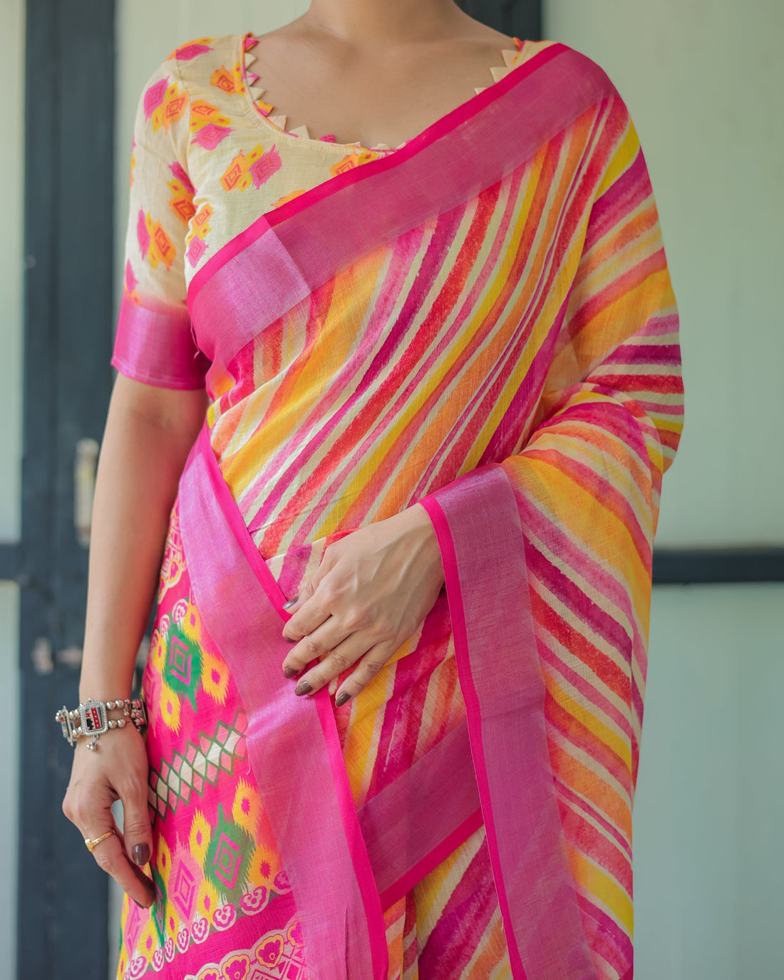Vibrant Yellow and Pink Ikat Printed Cotton Linen Saree with Blouse