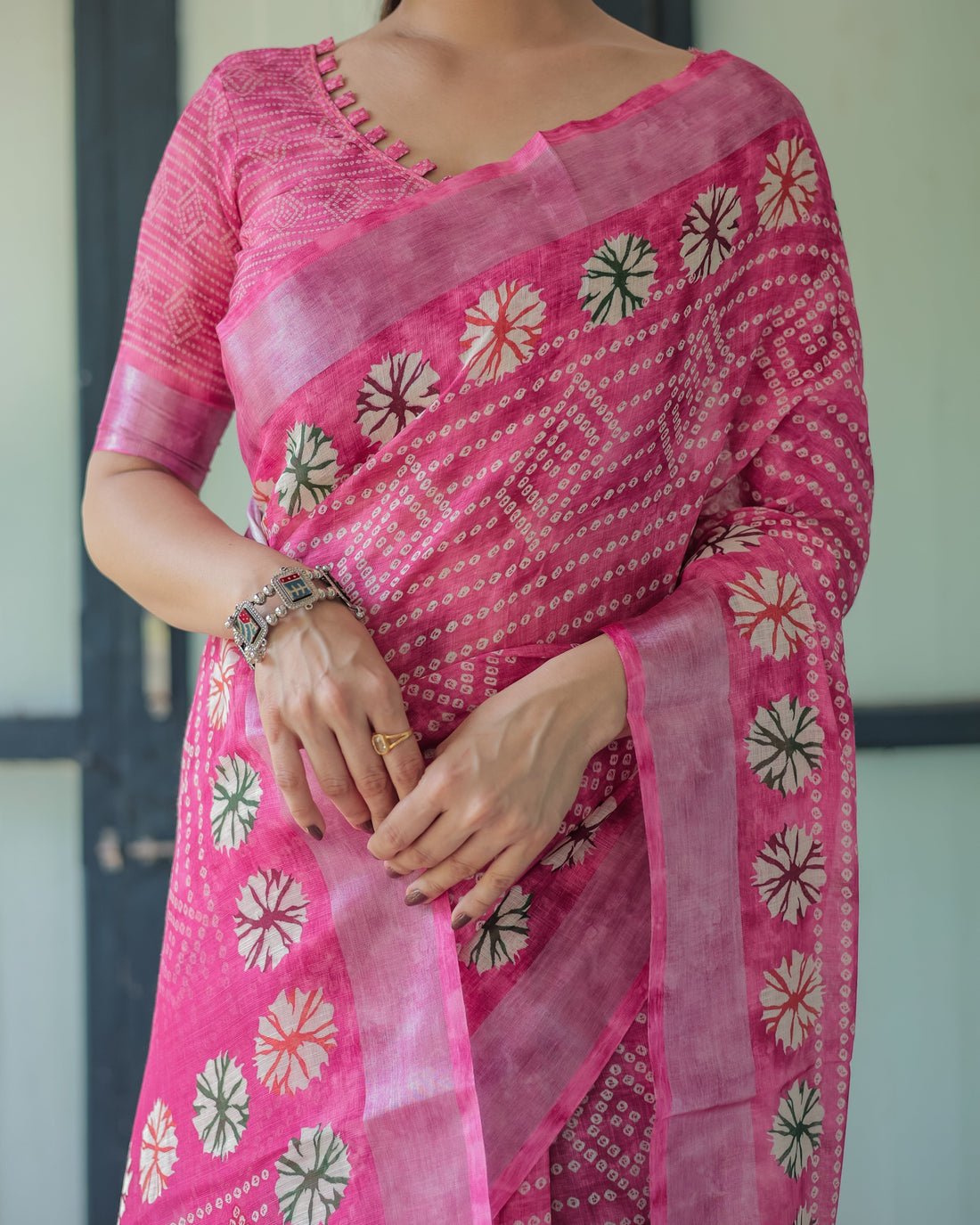 Fuchsia Pink Handcrafted Cotton Linen Saree with Geometric Print