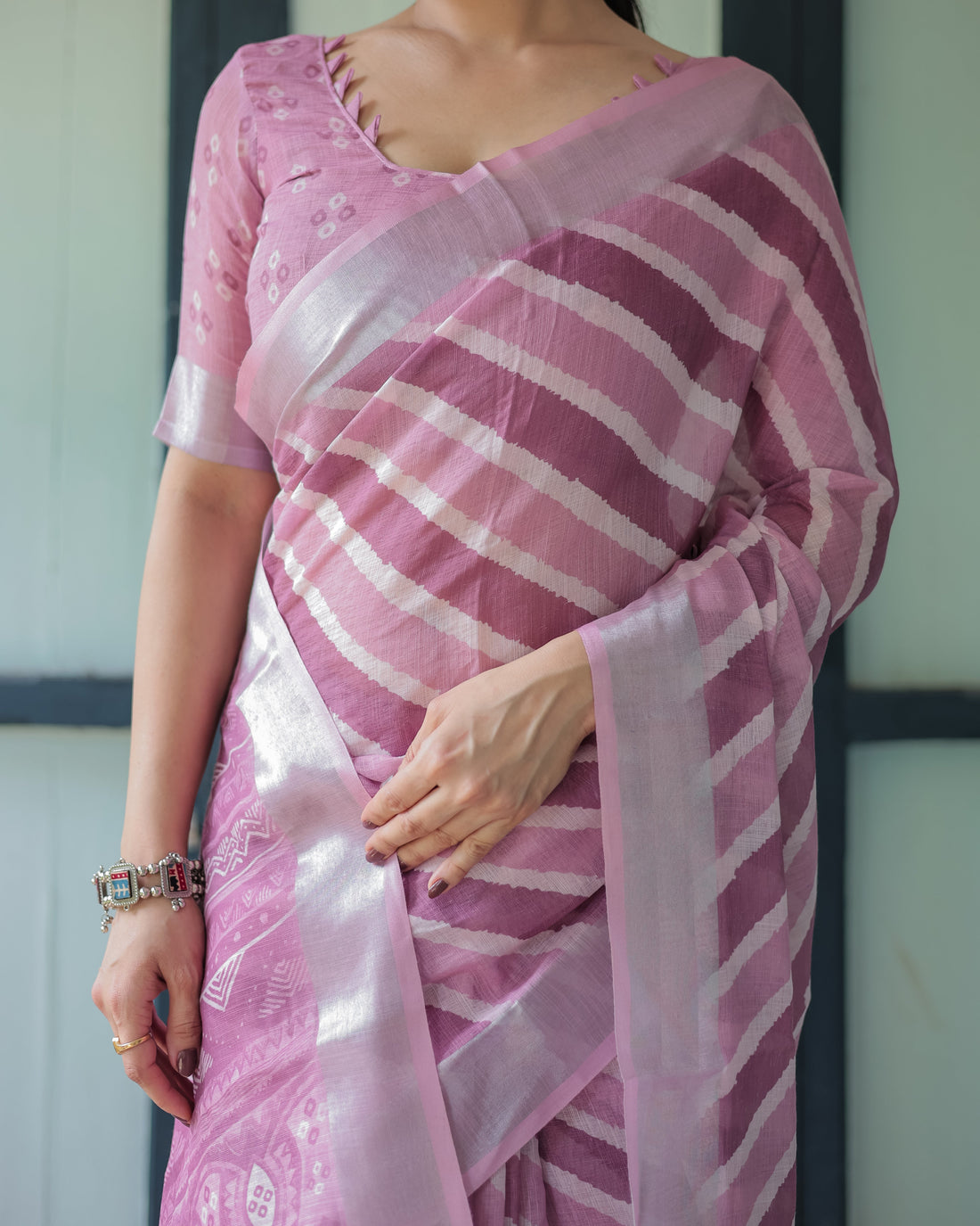 Purple Chevron Print Pure Cotton Linen Saree